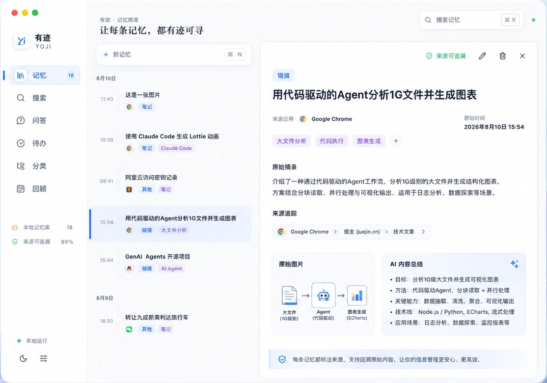 有迹记忆列表、来源追踪与智能内容总结界面